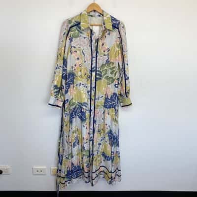 Lorraine Blue Green Floral Long Sleeve Button Up Maxi Dress  Size 12 