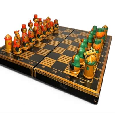 Vintage Wooden Babushka Chess Set - Orange And Green