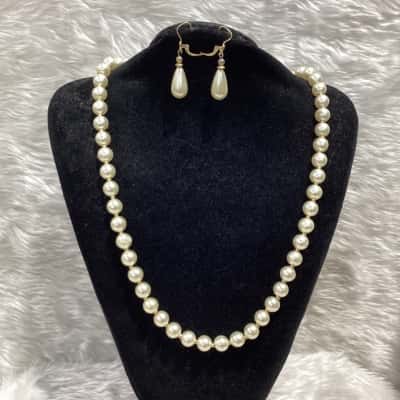  Womens Faux Pearl Beaded Necklace & Earrings 