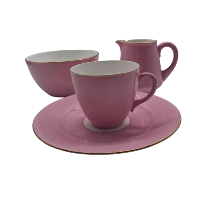 PINK CUP SAUCERCREAMER AND BOWL 