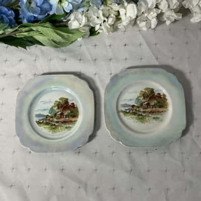Vintage Empire Ware Cottage Scene 2 x Square Lustreware Side Plates