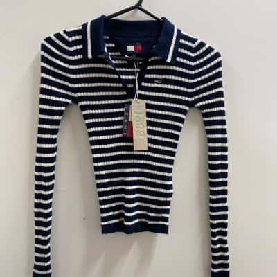 Tommy Jeans Womens  Size XXS Long Sleeve Top Navy Blue / White 