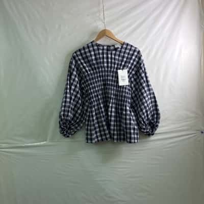 Witchery Womens Size 10 Blouse Checked / Navy Blue / White BNWT