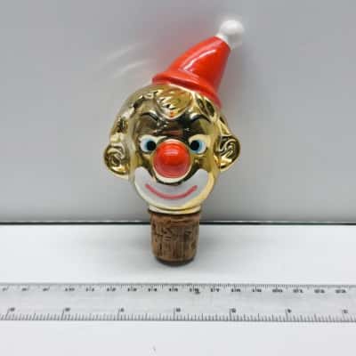 Vintage Gold Metallic Clown Head Bottle Stopper Cork Red Hat Novelty Barware