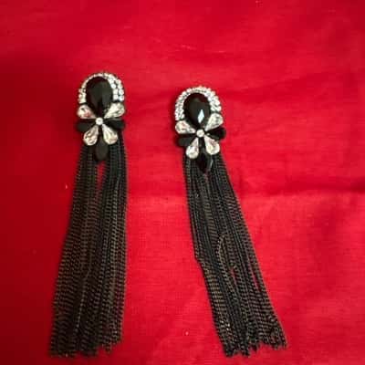 Women's Luxury Long Earrings with Black Rhinestones & Tassels 