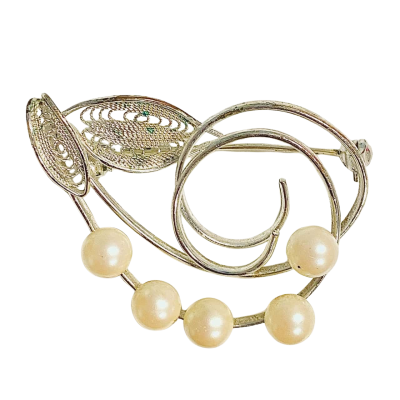 Leaf & Swirls Silver / Pearl Brooch