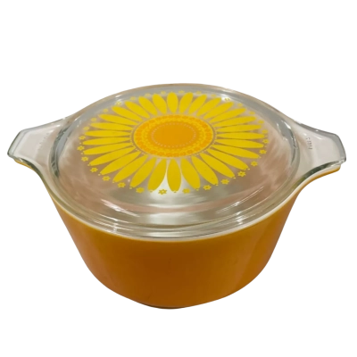 Pyrex 474 Orange Glass Casserole Dish with Sunflower Lid, 1.5L/2Qt