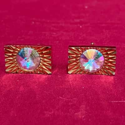 Men's Vintage Cufflink Set gold tone rainbow gemstone centre
