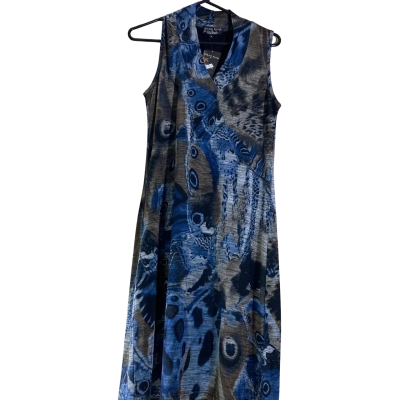  Womens  Size M Black Plum brand dress features a distinctive blue and brown butterfly wing pattern