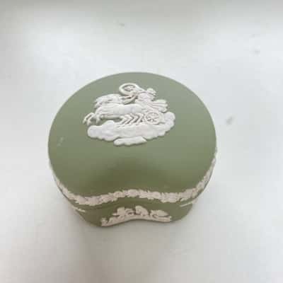 Wedgwood Sage Green Jasperware Lidded Kidney Shaped Trinket Box 