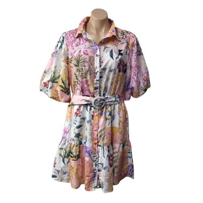St. Frock Womens Size 12 Multicoloured Floral Short Sleeve Shirt Dress with Belt