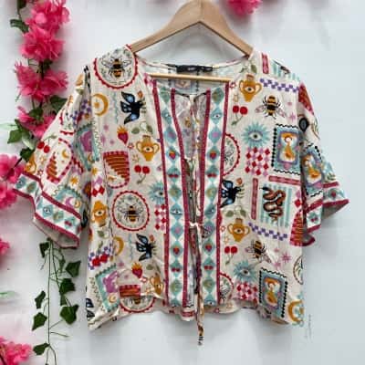 Sportsgirl Womens Short Sleeve Open Top Size 10 Beige / Multicoloured 