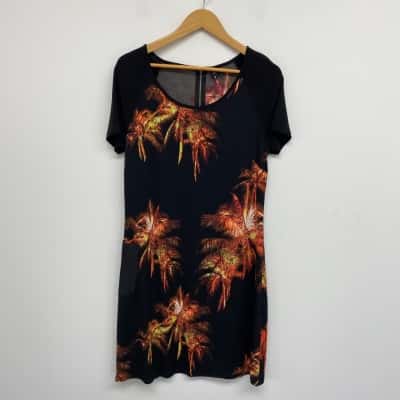 Rockmans Black Orange Palm Print Short Sleeve Mini Dress  Size S 