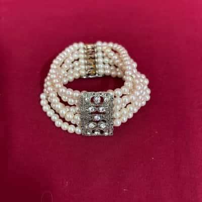  Women's Six Layered Faux Pearl Stretch  Bracelet with Diamante Side Bar Accents