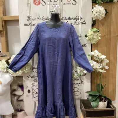 Adorne Brand! AS NEW 100% LINEN RUFFLED HEMLINE LOOSE FLOWY MIDI DRESS! Womens  Size M Babydoll Dress / Long Sleeve Dress / Midi Dress Blue 