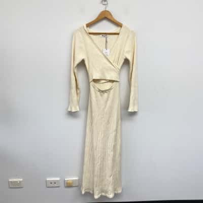 Showpo Cream Andreia Knitted Wrap Long SLeeve Midi Dress  Size 10 