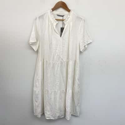 Katies White Linen Short Sleeve Midi Dress  Size 16 