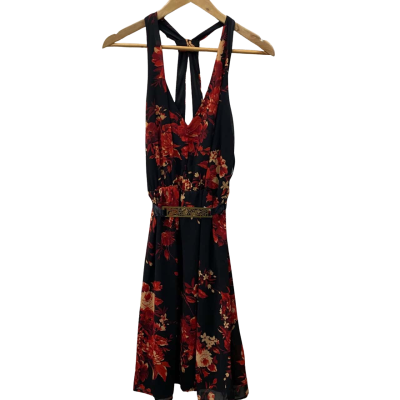 Crossroads Womens  Size 12 Midi Dress Black  / Floral / Red 