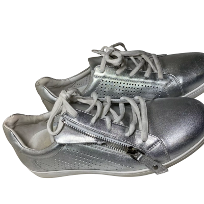 Womens Silver Leather Sneakers with White Laces and Side Zipper Details Size 40