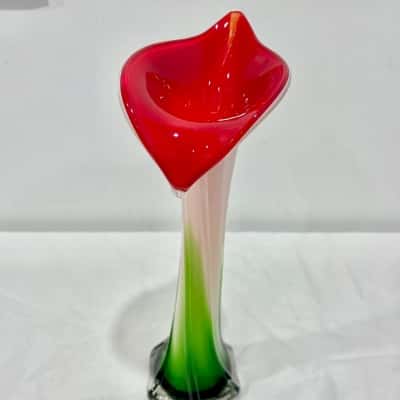 Calla Lily Murano Glass Vase Red Green White Mid Century Design 
