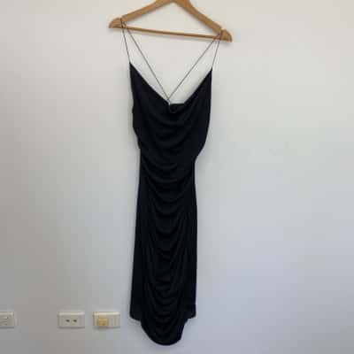 Pretty Little Thing Black Crinkle Texture Ruched Cowl Neck Midi Dress Size 14 