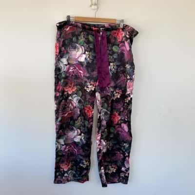 Bras N Things Black Purple Floral Loungewear Pants Size 12 