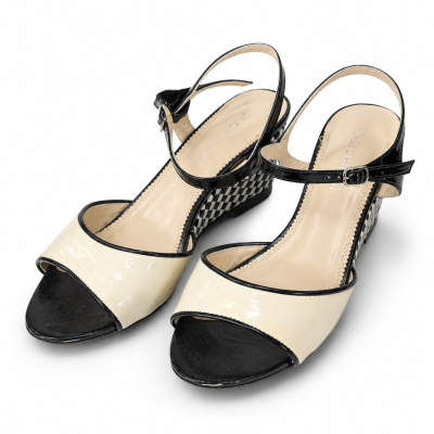 Florsheim Black & Cream Leather Checkerboard Wedge Sandals – Size 38
