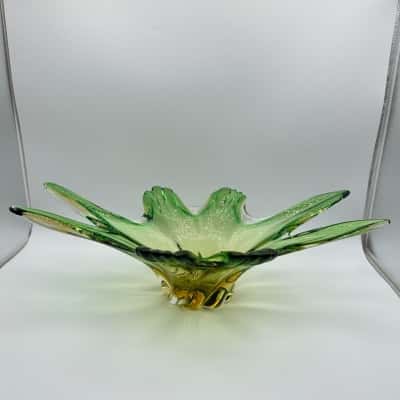 Beautiful Murano Style Green & Yellow Art Glass Bowl 