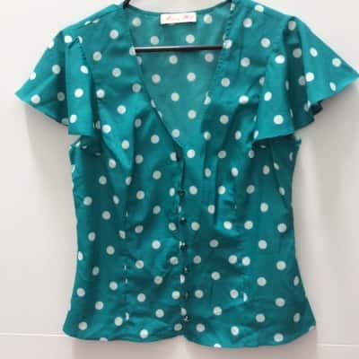 Alannah Hill Womens  Size 10 Short Sleeve Top Green / Polka Dot 