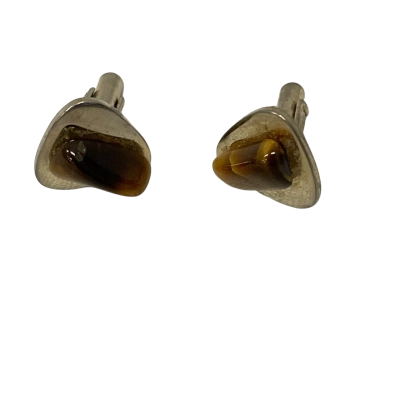 Vintage gold toned Mens Cufflinks Featuring A Bezel set Brown Tiger’s Eye Gemstone 