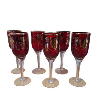 Vintage Bohemian Ruby Red and Gold Gilt Wine Glasses