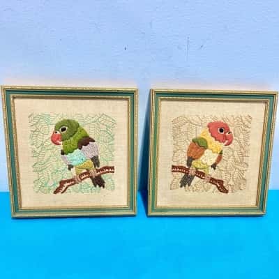 Vintage Embroided Parakeet Frames x 2 