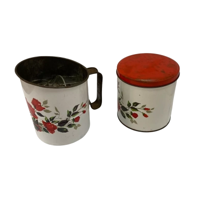 Willow Vintage Flour Sifter and Matching Canister Red Roses on white background