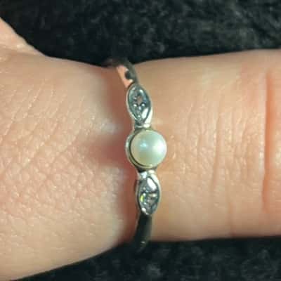 Genuine PANDORA Luminous Leaves Ring 190964P Sterling Silver Cz Pearl Retired 