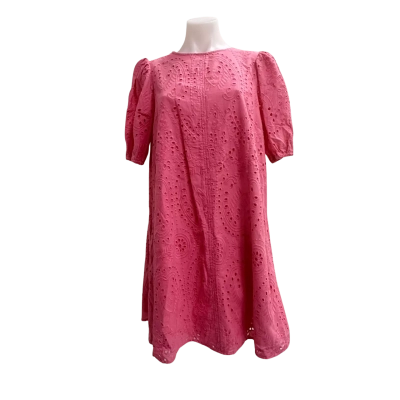 Adorne Womens Size 8 Pink Cotton Broderie Anglaise Puff Sleeve Midi Dress