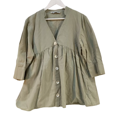 Zara Womens Size S Linen Blend 3/4 Sleeve Top Green 