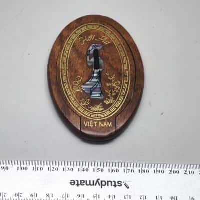 Vintage Wooden Fold Compact Mirror Mother of Pearl Inlay Hoi An Vietnam 10cm