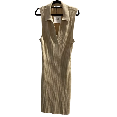 Atmos&Here Womens  Size 16 Maxi  Beige Knitted Sleeveless Dress with Collar