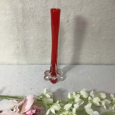Vintage Red Twisted Glass Floral Stem Tall Bud Vase