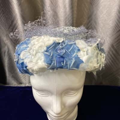 Handmade Sweet Romantic Summer Vintage Blue Straw Hat with floral embellishment and tulle.  