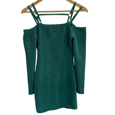 First MSE Womens Size XS Cold Shoulder Mini Dress With Multi-Strap Neckline Pine