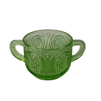 Vintage Decorative Patterned Green Uranium Glass Double Handled Open Sugar Bowl