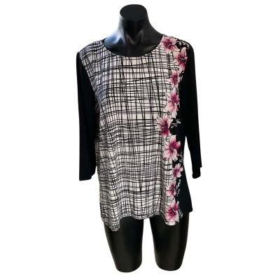 Noni B Womens  Size L 3/4 Sleeve Top Black  / Pink  / White 