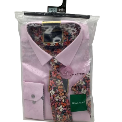 BNIB Retro NEXT Mens Pink Floral Regular Fit Business Shirt / Long Sleeve Shirt 42cm with Matching Tie (HTH Tops)