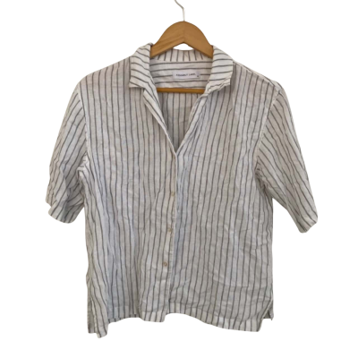 Assembly Label Womens Linen Size 10 3/4 Sleeve Top Grey / Pinstriped / White 