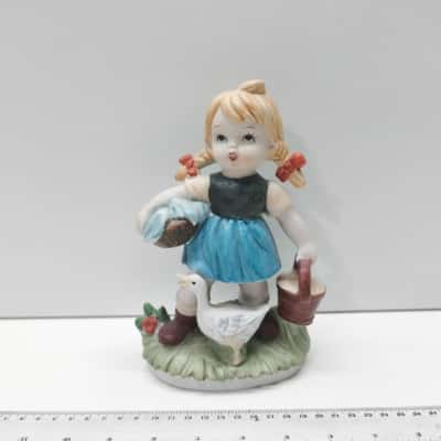Vintage Bisque Porcelain Girl with Goose Basket Figurine Hummel Style 16cm