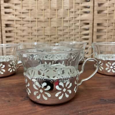 Set of 6 BMF Germany Silver Plate Tea Set Glass Cups Holders Vintage Collectable Party Hightea Pattern Wedding Gift 