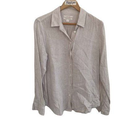Trenery Womens Linen Size L Button Up Top / Long Sleeve Top Beige / Striped / White 