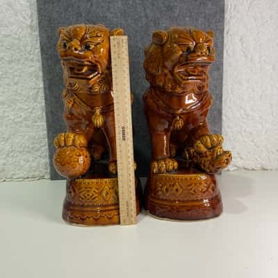 Vintage Chinese Jingdezhen Ceramic Foo Dogs - Female & Male - Amber/Brown