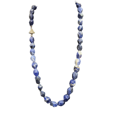 Chunky Faceted Natural Sodalite Gem Necklace with Unique Sterling Silver Clasp